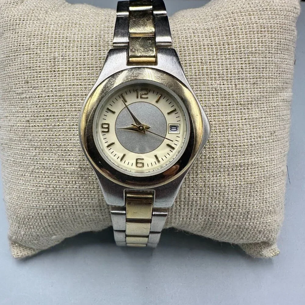 3/$30 Mitre Watch Women Silver Gold Two Tone Date Window New Battery 7.5 Inch